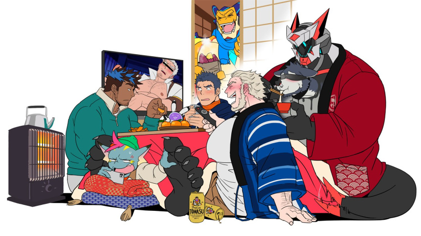6+boys, absol_(dkqthf), another_eidos-r, bar_censor, beer_bottle, bionic_golem_gamma_(another_eidos), blonde_hair, bulkski_(another_eidos)