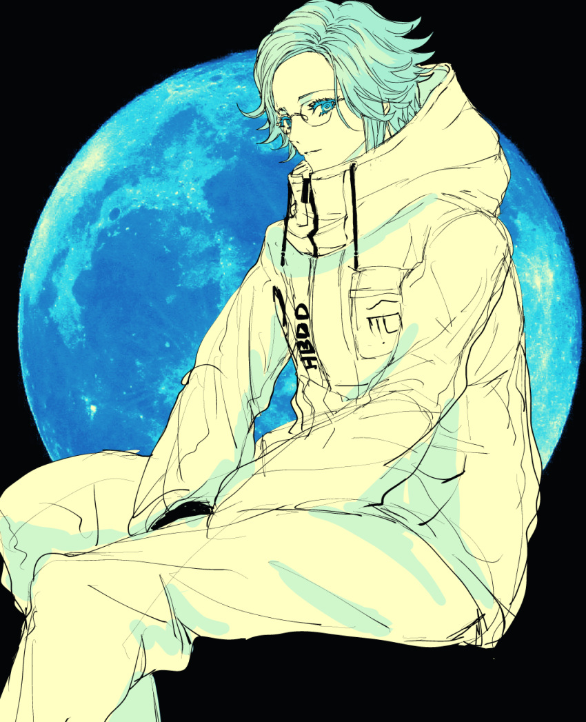1boy, aotsuki_eito, blue_moon, breast_pocket, drawstring, glasses, greyscale, greyscale_with_colored_background