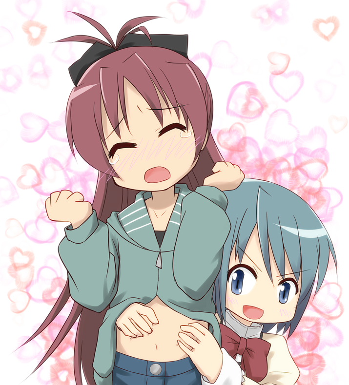 arms_up, blue_eyes, blue_hair, blue_shirt, blush, bow, closed_eyes, eyes_closed
