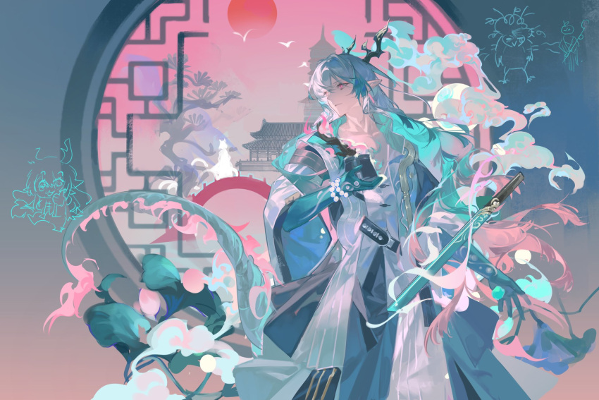 1boy, aqua_hair, arknights, bonsai, boots, coat, cowboy_shot, earrings, eastern_dragon_horns, eastern_dragon_tail, eyeshadow, flower_pot, highres, holding, holding_flower_pot, horns, jacket, jewelry, lin_qing_(phosphorus_1104), long_hair, looking_to_the_side, makeup, multicolored_hair, multicolored_horns, ofuda_earrings, pants, pink_eyes, pink_hair, pointy_ears, solo, tail, yi_(arknights)