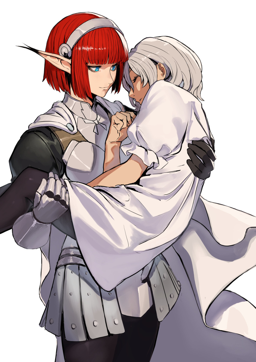 1boy, 1girl, absurdres, armor, black_gloves, black_pants, blue_eyes, blunt_bangs