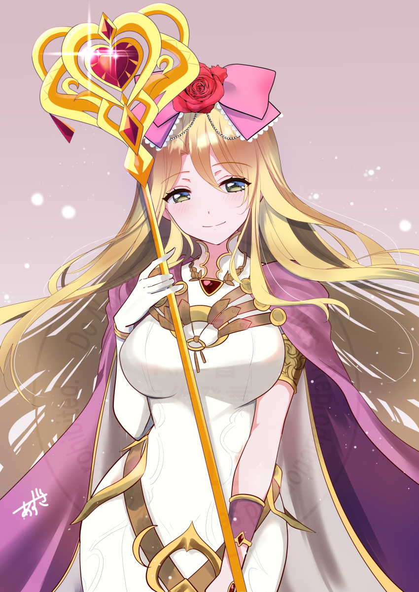 1girl, absurdres, azusa_(azchemist63), blonde_hair, blue_eyes, breasts, closed_mouth, commission, fire_emblem, fire_emblem:_the_binding_blade, fire_emblem:_the_blazing_blade, highres, holding, holding_staff, large_breasts, long_hair, saint_elimine_(fire_emblem), skeb_commission, smile, staff