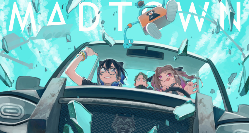 1boy, 2girls, :p, animal_ears, arm_up, bangle, black-framed_eyewear, black_hair