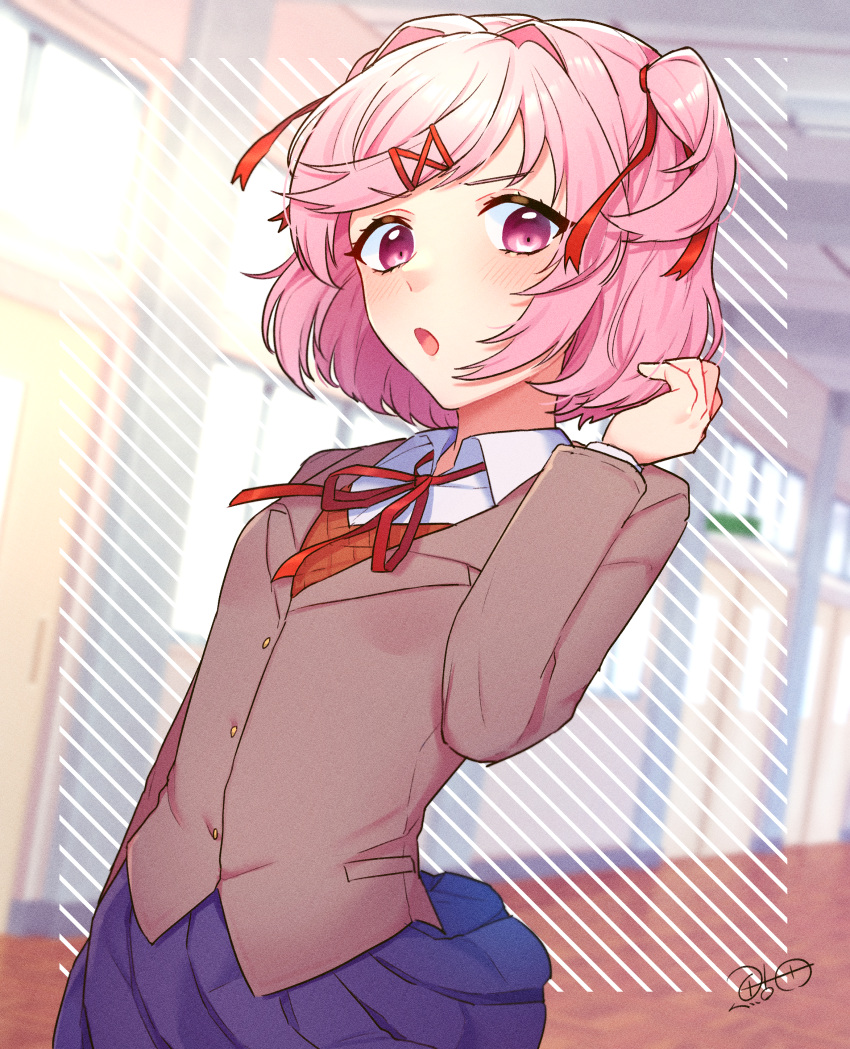 1girl, :o, absurdres, adjusting_hair, arms_at_sides, artist_name, ayuda_ayutaro, blazer, blue_skirt, blurry, blurry_background, blush, bob_cut, bow, bowtie, breasts, brown_sweater_vest, clothes_lift, collared_shirt, commentary, cowboy_shot, diagonal-striped_background, doki_doki_literature_club, doki_doki_literature_club_school_uniform, dress_shirt, eyelashes, grey_jacket, hair_intakes, hair_ornament, hair_ribbon, hallway, highres, jacket, light_blush, looking_at_viewer, looking_to_the_side, loose_hair_strand, natsuki_(doki_doki_literature_club), neck_ribbon, open_mouth, outside_border, pink_eyes, pink_hair, pleated_skirt, red_bow, red_bowtie, red_ribbon, ribbon, school, school_uniform, shirt, short_hair, signature, skirt, skirt_lift, small_breasts, solo, standing, striped_background, sweater_vest, swept_bangs, talking, two_side_up, v-shaped_eyebrows, white_shirt, x_hair_ornament