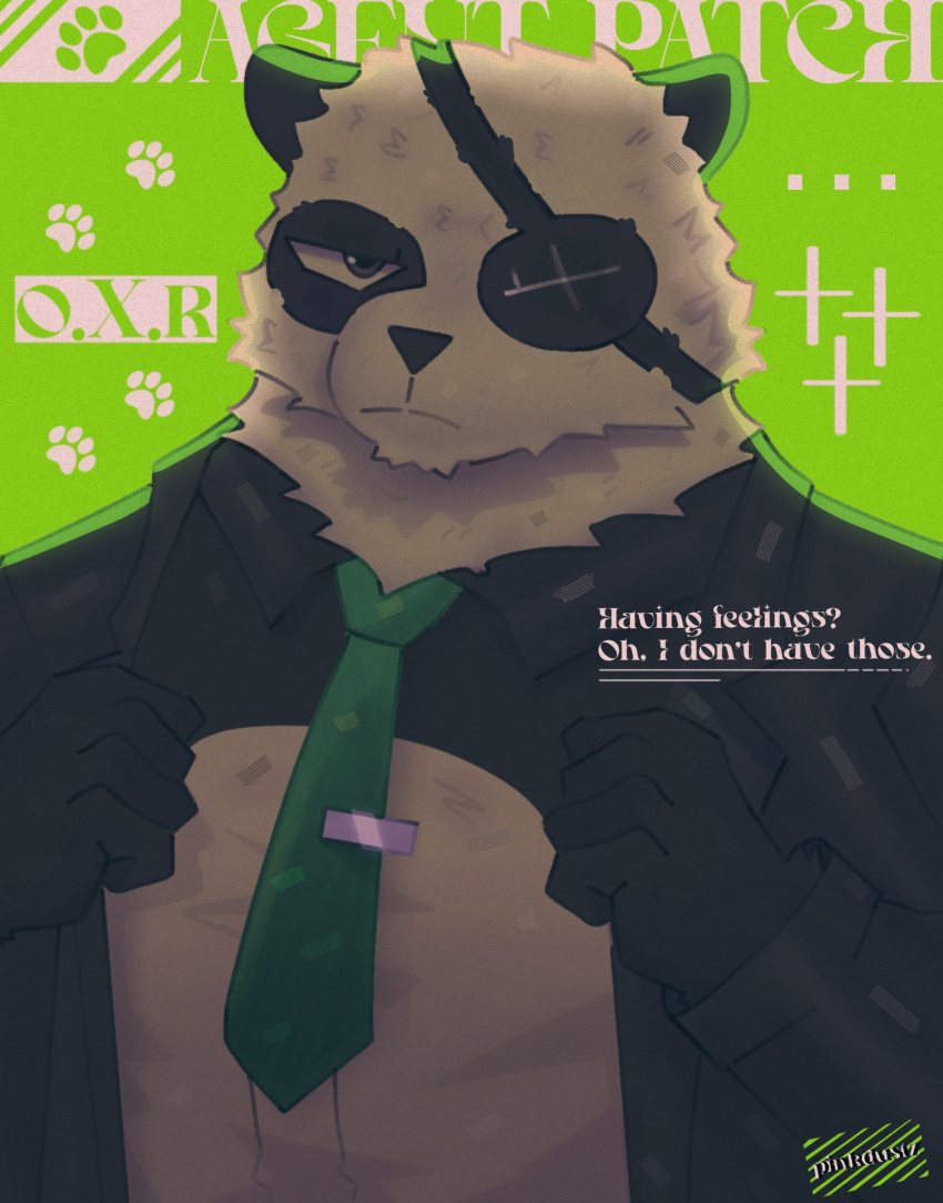 1boy, agent_patch_(fortnite), animal_ears, artist_name, black_coat, black_fur, character_name, closed_mouth, coat, english_commentary, english_text, eyepatch, fortnite, furry, furry_male, green_necktie, highres, looking_at_viewer, male_focus, multicolored_fur, necktie, panda_boy, panda_ears, pinkdustz, white_fur