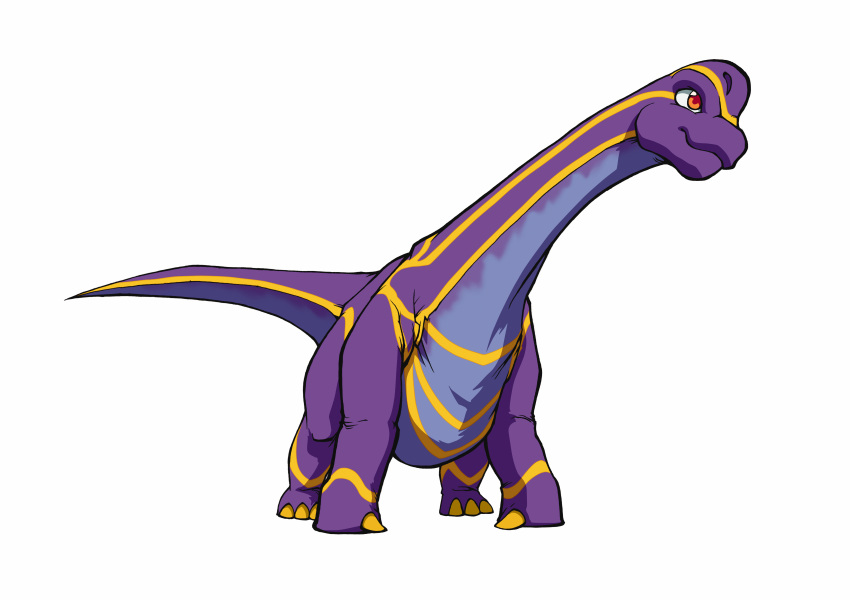 absurdres, artist_request, brachio_(fossil_fighters), brachiosaurus, colored_skin, dinosaur, fossil_fighters, full_body, highres, no_humans, official_art, orange_eyes, purple_skin, simple_background, solo, vivosaur, white_background