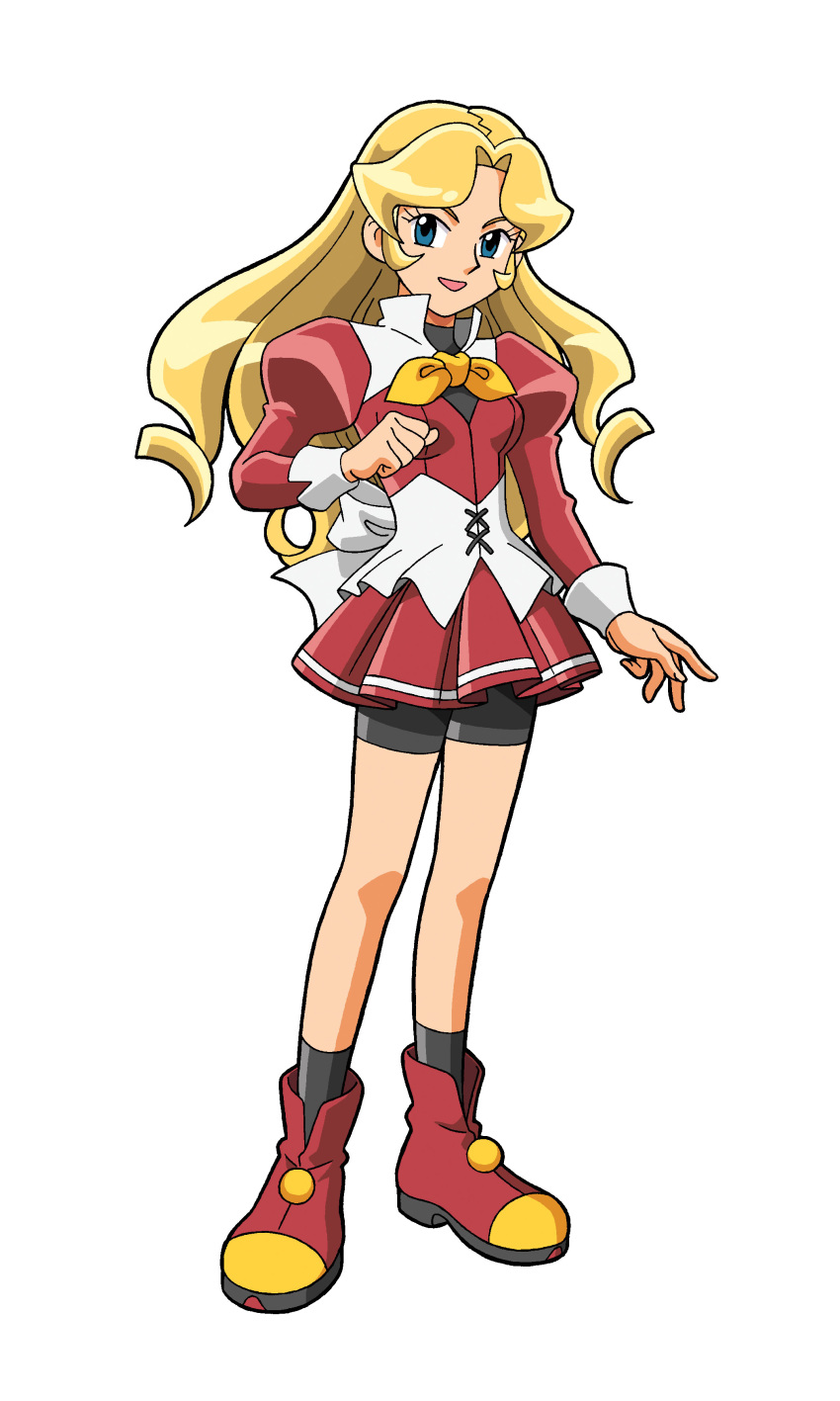 1girl, absurdres, bike_shorts_under_skirt, black_shorts, blonde_hair, blue_eyes, boots, custom_robo, custom_robo_arena, full_body, highres, long_hair, official_art, open_mouth, red_boots, red_skirt, serene_(custom_robo), shorts, simple_background, skirt, solo, white_background, yoshiharu_sakakibara