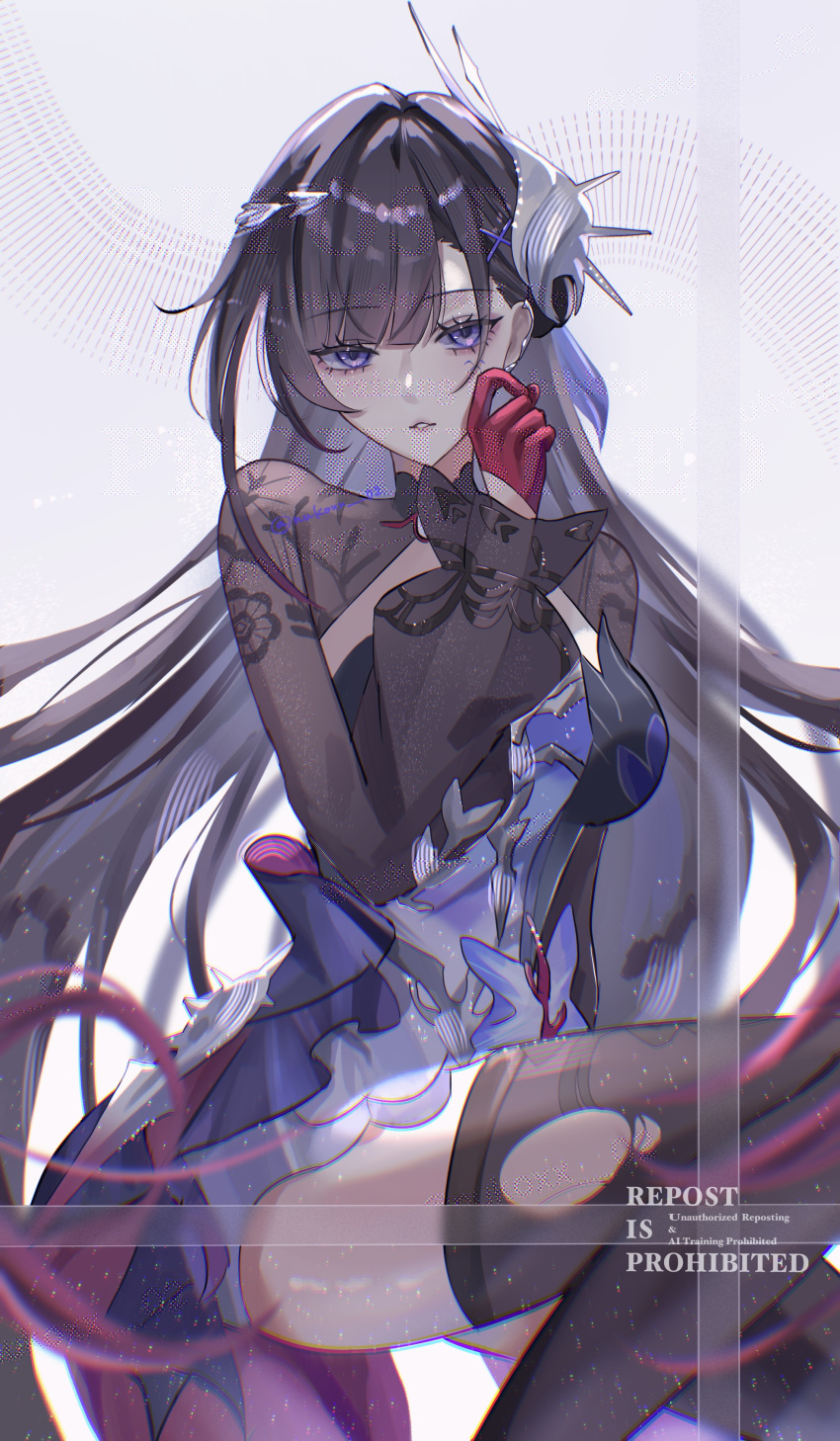 1girl, absurdres, black_hair, black_thighhighs, breasts, commentary, dress, gloves, hair_ornament, half_gloves, highres, honkai:_star_rail, honkai_(series), hysilens_(honkai:_star_rail), large_breasts, long_hair, looking_at_viewer, nukoxx_02, parted_lips, purple_dress, purple_gloves, simple_background, solo, thigh-highs, thighs, torn_clothes, torn_thighhighs, very_long_hair, violet_eyes, white_background
