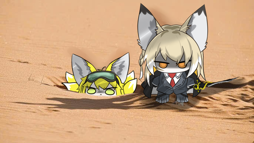 2girls, :<, angry, animal_ears, arknights, blonde_hair, chibi, desert