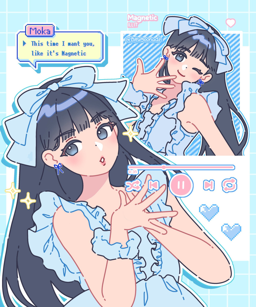 1girl, animification, black_hair, bleumoonade, blue_bow, blue_dress, blue_eyes, bow