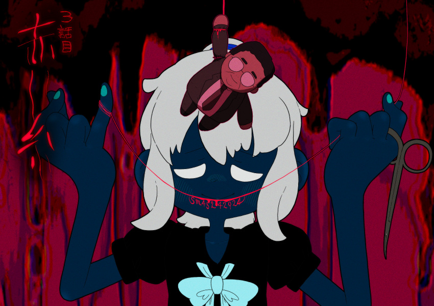 1girl, 833_(cookie), absurdres, black_shirt, blue_skin, character_doll, closed_mouth, colored_skin