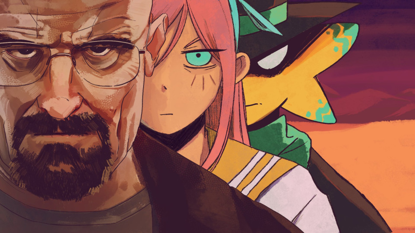 1girl, 2boys, aubrey_(faraway)_(omori), aubrey_(omori), beard, blue_eyes, blue_hairband, breaking_bad