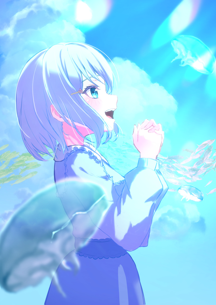 1girl, absurdres, bang_dream!, blue_eyes, blue_hair, blue_shirt, blue_skirt, blurry
