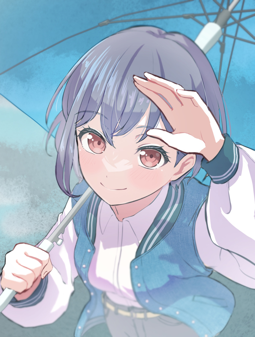 1girl, absurdres, bang_dream!, bang_dream!_it's_mygo!!!!!, blue_jacket, blue_umbrella, brown_eyes, claya67443