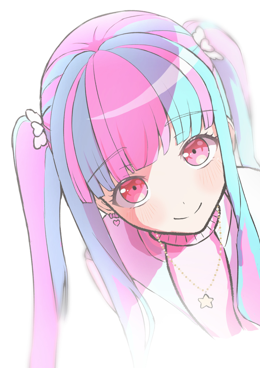 1girl, absurdres, bang_dream!, blue_hair, claya67443, closed_mouth, commentary_request, earrings, highres, jewelry, long_hair, looking_at_viewer, multicolored_hair, necklace, nyubara_reona, partial_commentary, pink_eyes, pink_hair, simple_background, solo, streaked_hair, twintails, two-tone_hair, upper_body, white_background