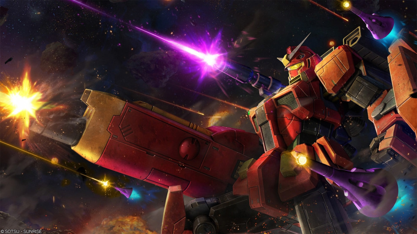 absurdres, battle, beam_cannon, copyright_notice, energy_beam, explosion, firing, funnels_(gundam)