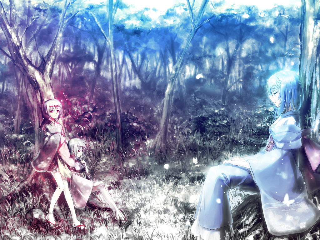 akai_ito, blue, closed_eyes, eyes_closed, forest, gradient, mikage_(akai_ito), multiple_girls