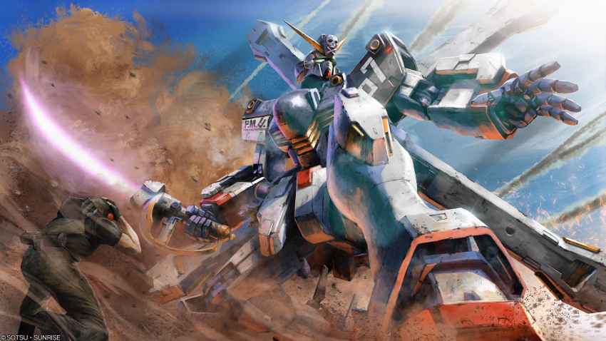1boy, absurdres, battle, copyright_notice, covering_head, crossbone_gundam, crossbone_gundam_x-1, crossbone_vanguard, damaged, debris, dirty, dust_cloud, energy_sword, gloves, glowing, glowing_eyes, green_eyes, gundam, gundam_battle_operation_2, helmet, highres, jolly_roger, machinery, mecha, military_uniform, mobile_suit, official_art, painting_(medium), realistic, robot, scan, science_fiction, smoke, soldier, sunrise_(company), sword, tenjin_hidetaka, traditional_media, v-fin, weapon