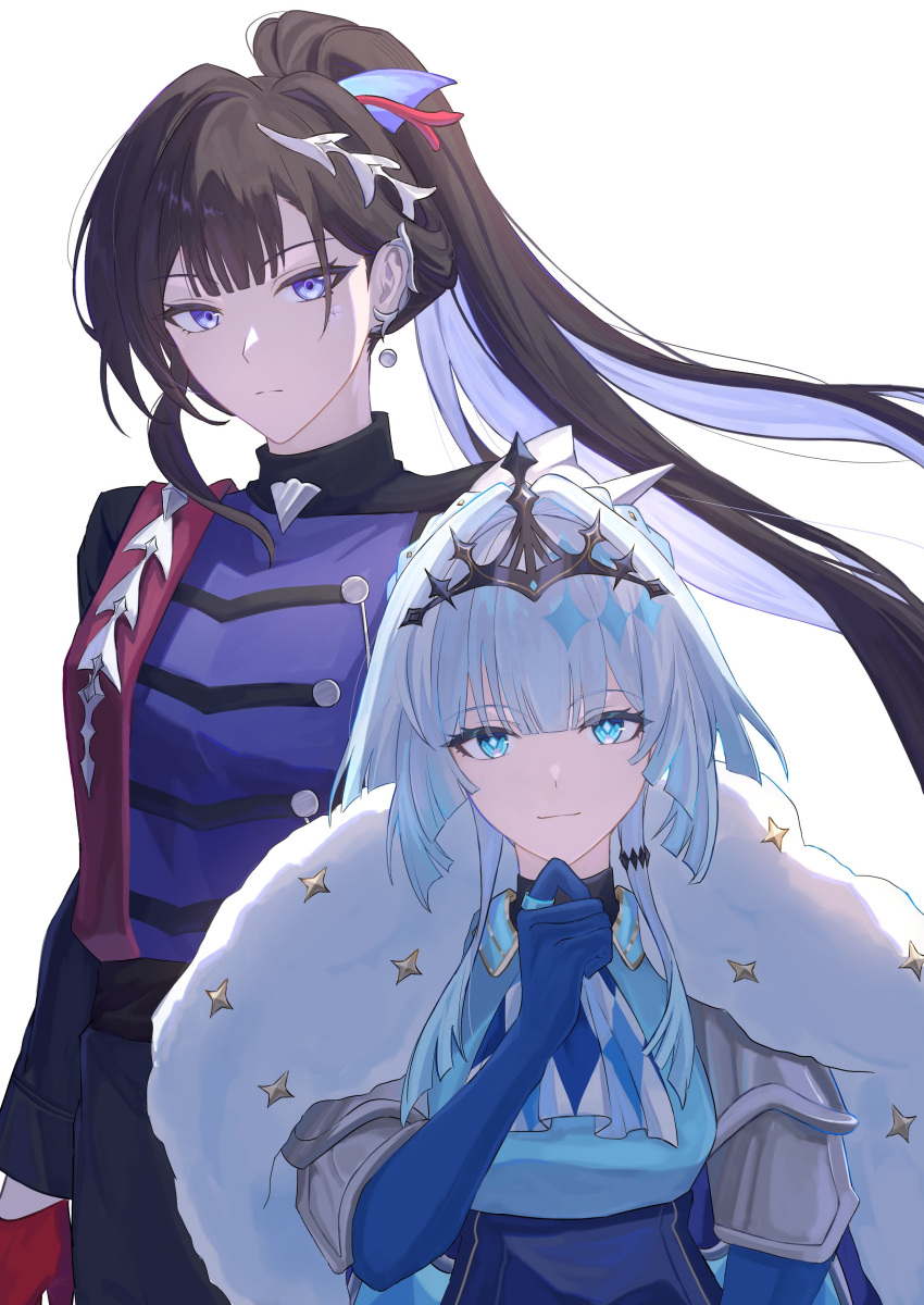 2girls, absurdres, black_hair, blue_eyes, blue_gloves, blue_hair, cerydra_(conquest)_(honkai:_star_rail), cerydra_(honkai:_star_rail), commentary_request, diamond-shaped_pupils, diamond_(shape), earrings, gloves, hand_on_own_chin, highres, honkai:_star_rail, honkai_(series), hysilens_(conquest)_(honkai:_star_rail), hysilens_(honkai:_star_rail), jewelry, kano_kano_777, long_hair, looking_at_viewer, multiple_girls, pearl_earrings, ponytail, red_gloves, scales, symbol-shaped_pupils, tiara, violet_eyes