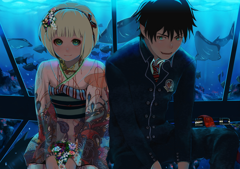 aquarium, bad_id, black_hair, blonde_hair, blue_eyes, fish, flower, gustaffz