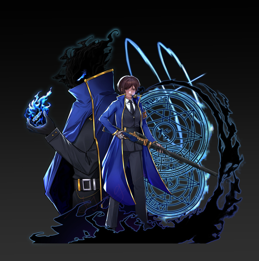 1boy, 1girl, absurdres, armband, bandaged_hand, bandages, black_fire, black_gloves, black_necktie, black_pants, black_vest, blue_cape, blue_coat, blue_fire, brown_hair, cape, coat, collared_shirt, dark-skinned_female, dark_skin, der_freischuetz_(project_moon), e.g.o_(project_moon), fire, flaming_eyes, flaming_head, full_body, gloves, gold_trim, grey_background, highres, jjong_(7_jjong_9), limbus_company, long_sleeves, looking_at_viewer, magic_bullet_(e.g.o), necktie, orange_armband, outis_(project_moon), pants, project_moon, shirt, short_hair, simple_background, smoking_pipe, standing, upper_body, vest, white_shirt, yellow_eyes