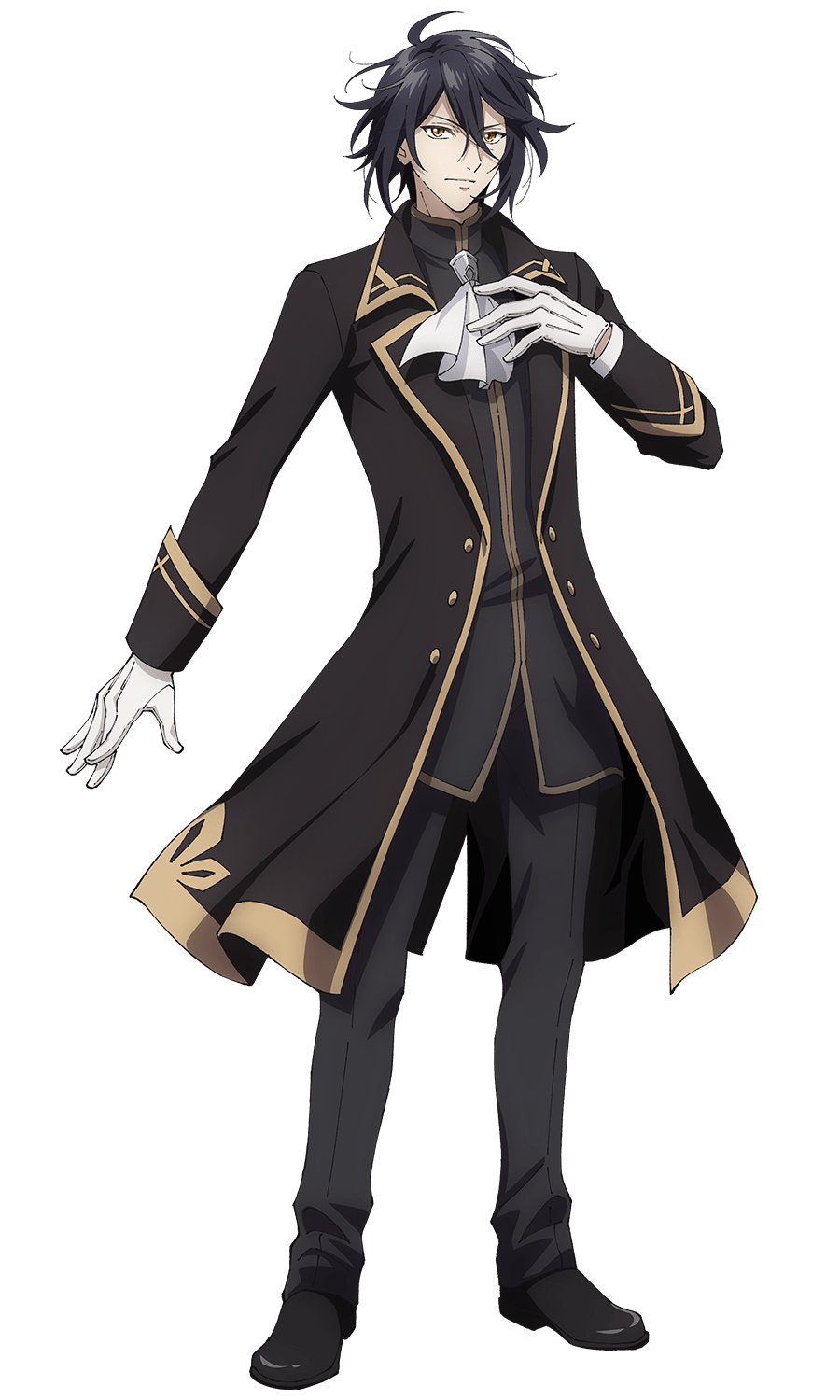 1boy, ahoge, anime_coloring, ascot, black_coat, black_hair, brown_eyes, closed_mouth