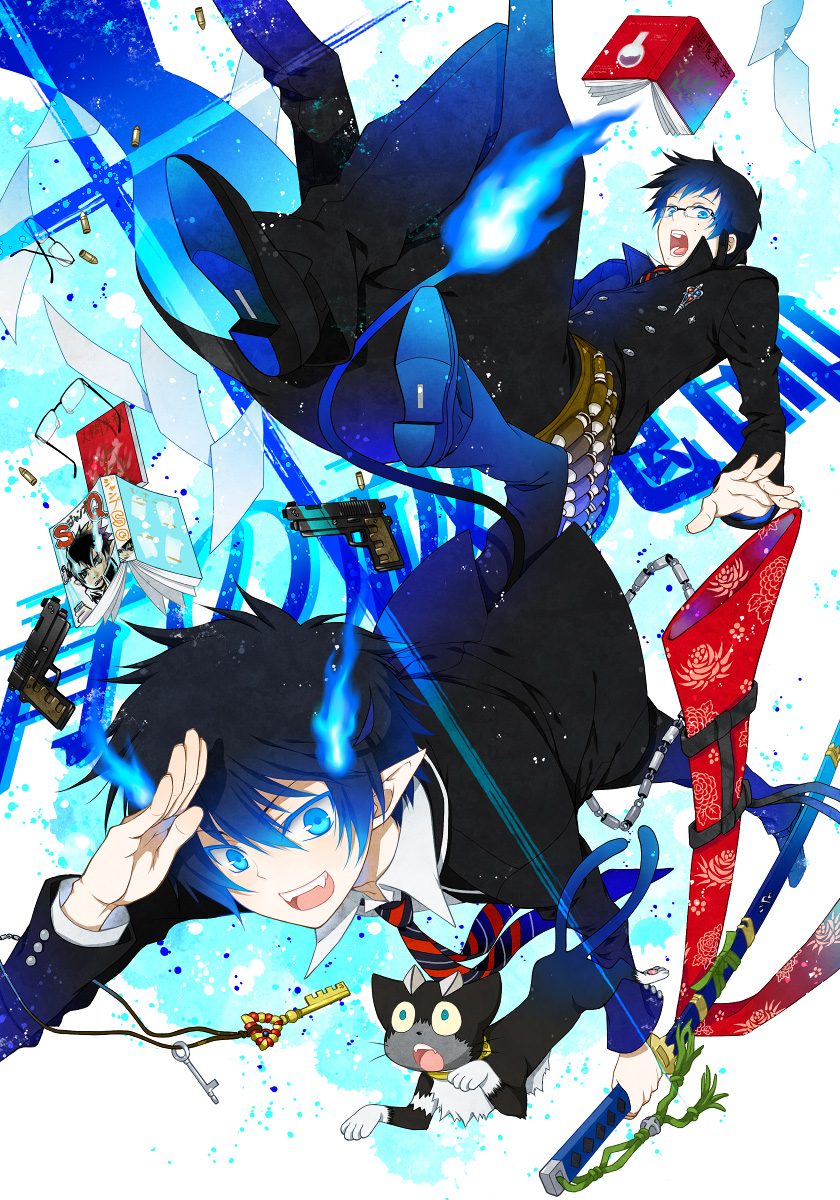 ao_no_exorcist, black_hair, blacky, blue, blue_eyes, book, cat, chain