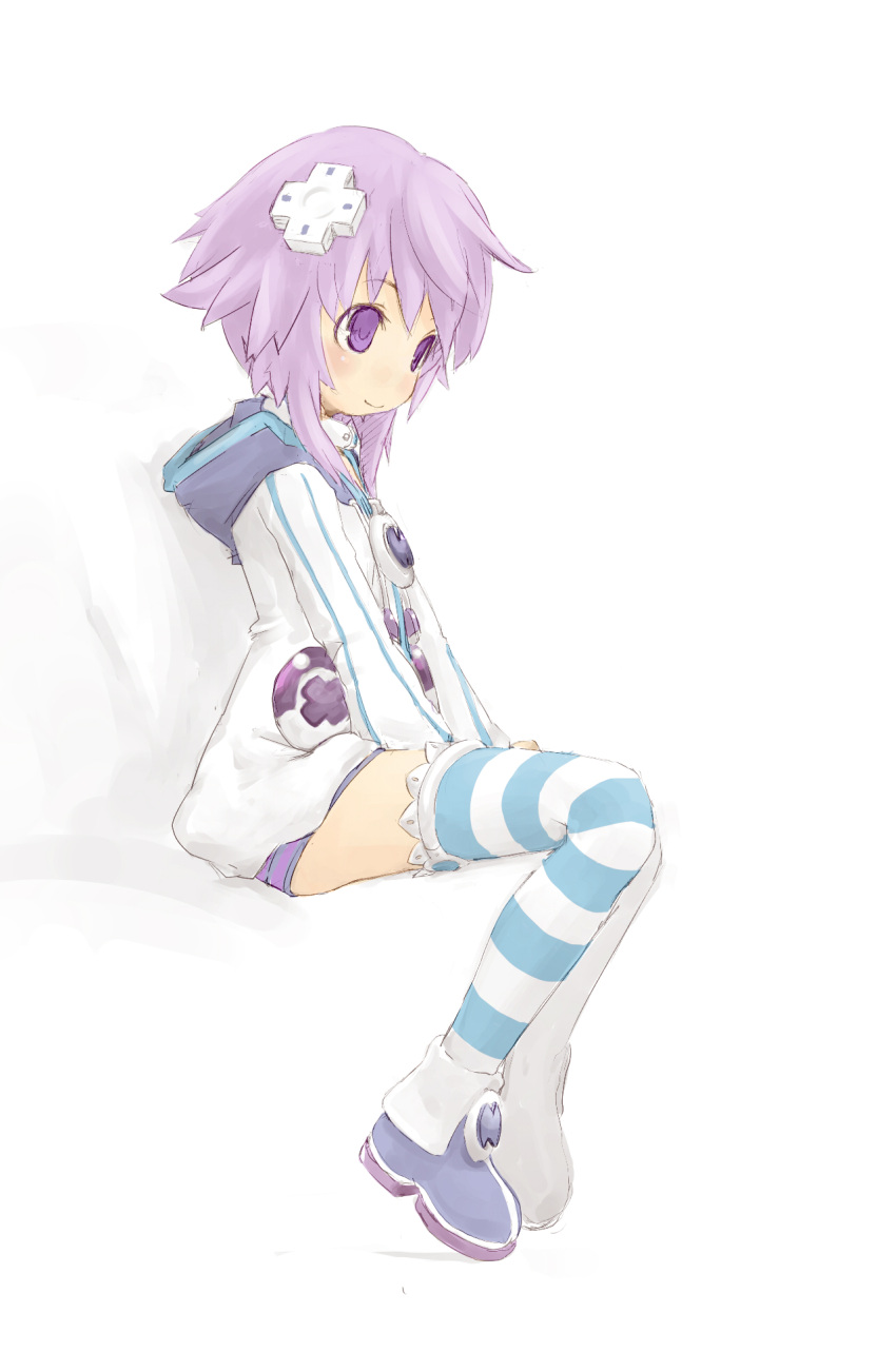 blush, choujigen_game_neptune, compile_heart, female, girl, goma_(mm324), goma_(pixiv645217), gust_(neptune_series), hair_ornament, highres, hoodie, idea_factory, long_hair, neptune_(choujigen_game_neptune), nippon_ichi, purple_eyes, purple_hair, sega, sitting, smile, solo, striped, striped_legwear, thighhighs, violet_eyes
