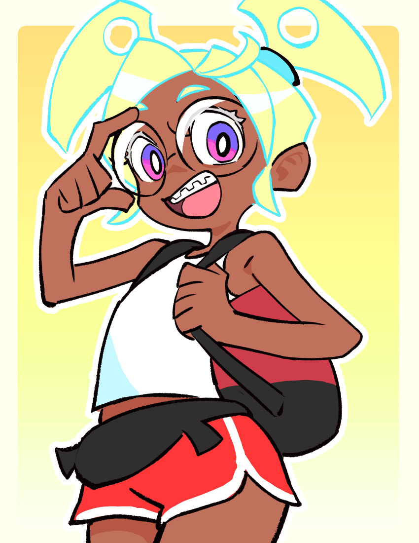 1girl, absurdres, backpack, bag, braces, colo_(nagrolaz), dark-skinned_female, dark_skin, dolphin_shorts, fanny_pack, glasses, green_eyes, gunsmith_bitch_(psg), highres, panty_&amp;_stocking_with_garterbelt, pink_eyes, round_eyewear, shorts, solo, solo_focus, tank_top, twintails