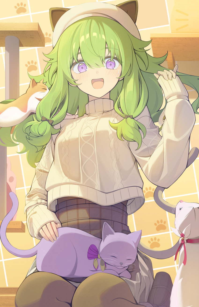 1girl, :d, absurdres, animal_ear_headwear, animal_ears, animal_on_lap, aran_sweater, black_shoes