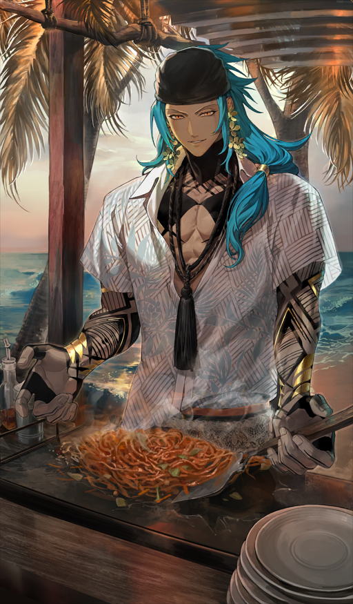 1boy, aqua_hair, arm_tattoo, artist_request, ashoka_(fate), beach, black_headscarf, chaldea_u-summer_island, cooking, dark-skinned_male, dark_skin, earrings, fate/grand_order, fate_(series), food, food_request, game_cg, hand_tattoo, headscarf, jewelry, long_hair, looking_at_viewer, low-tied_long_hair, male_focus, official_art, orange_eyes, outdoors, palm_tree, parted_lips, partially_unbuttoned, pectoral_cleavage, pectorals, shirt, shirt_partially_tucked_in, short_sleeves, smile, solo, steam, tassel, tattoo, third-party_source, tree, upper_body, white_shirt