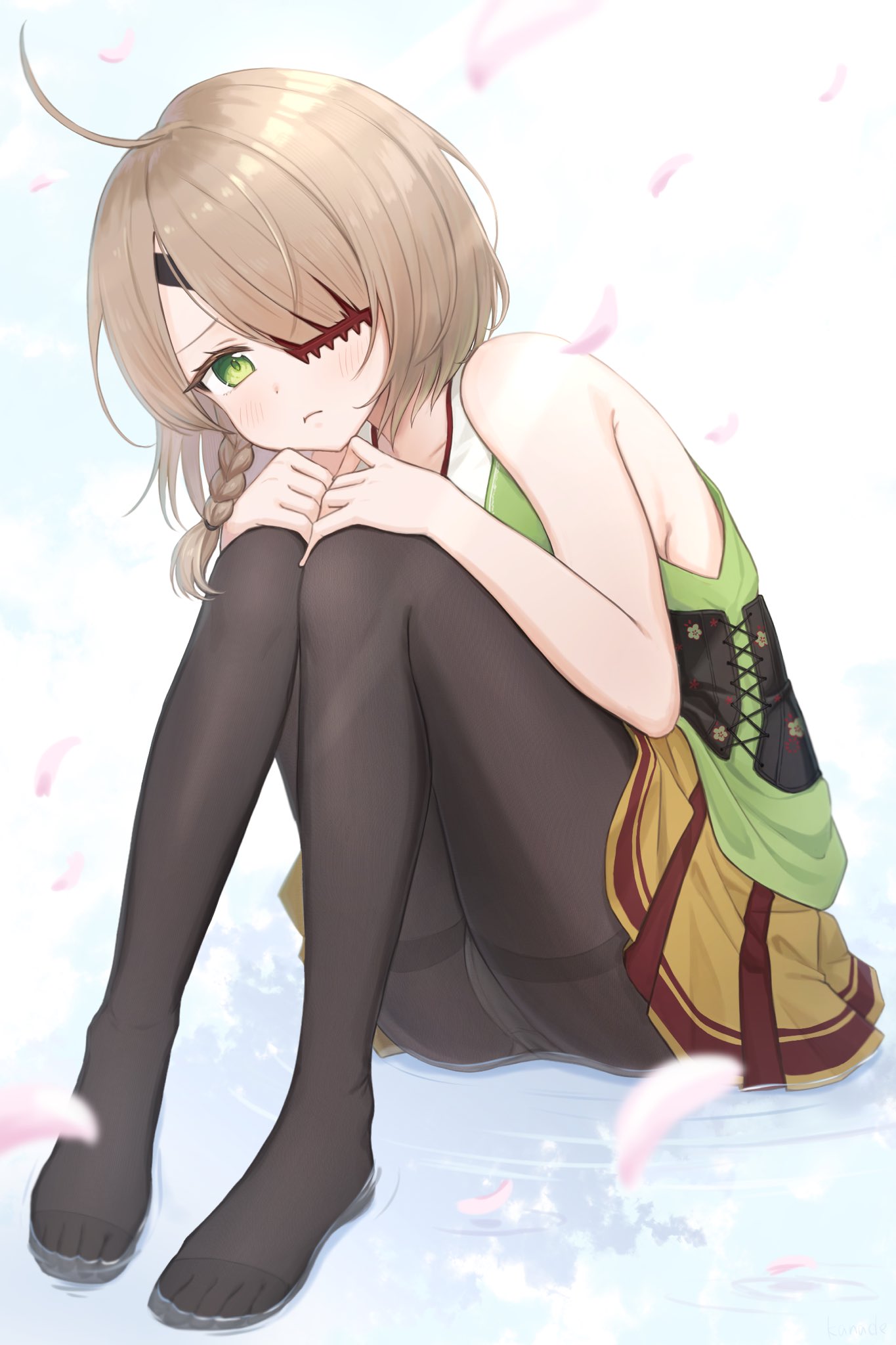 1girl, :t, ahoge, armpits, barefoot, black_pantyhose, blush, braid