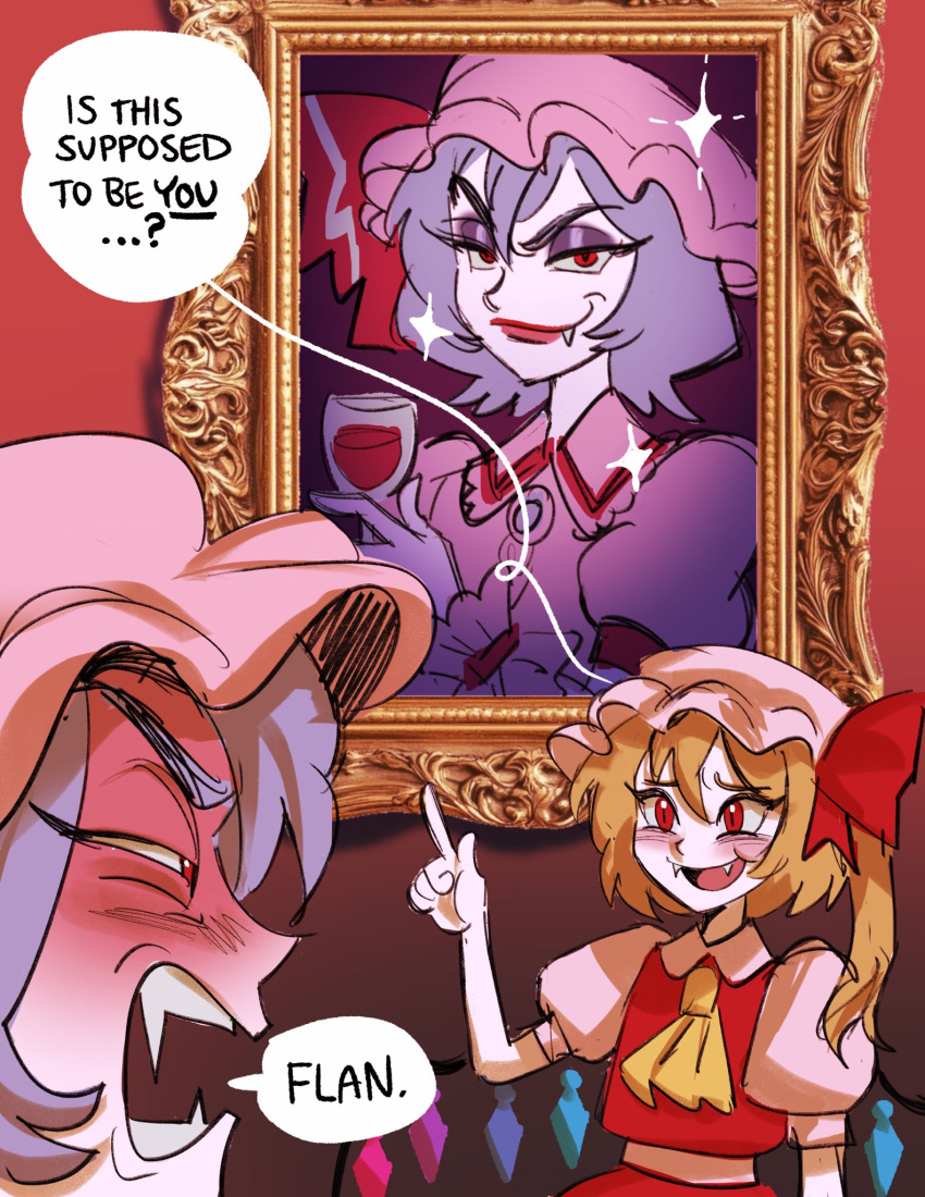 2girls, angry, ascot, bat_wings, blonde_hair, blue_hair, blush, crystal, crystal_wings, eyeshadow, fangs, flandre_scarlet, flandrepudding, hat, hat_ribbon, highres, laughing, lips, makeup, mob_cap, multiple_girls, open_mouth, portrait_(object), purple_eyeshadow, red_eyes, remilia_scarlet, ribbon, short_hair, short_sleeves, side_ponytail, smile, touhou, v-shaped_eyebrows, wings
