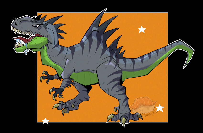 absurdres, altispinax, artist_logo, claws, dinosaur, fossil_fighters, from_side, full_body, highres, logo, no_humans, open_mouth, sharp_teeth, snek_snack, solo, spinax, star_(symbol), tail, teeth, vivosaur