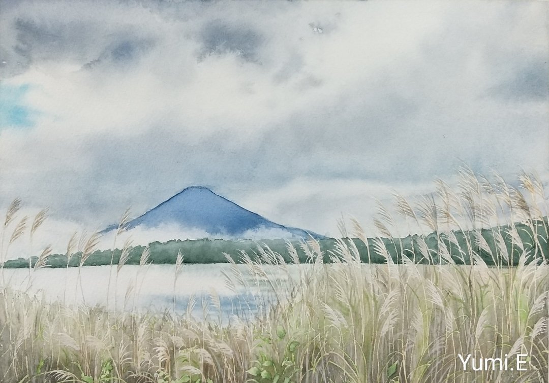 blue_sky, clouds, cloudy_sky, day, grass, miyuchan777, mountainous_horizon, nature, no_humans, outdoors, painting_(medium), scenery, sky, tall_grass, traditional_media, water, watercolor_(medium)