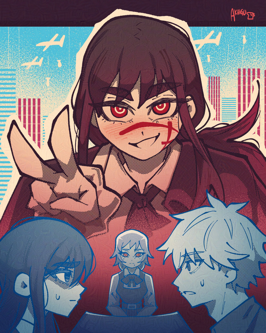 1boy, 3girls, absurdres, aircraft, airplane, akaiguarts, black_cape, black_hair