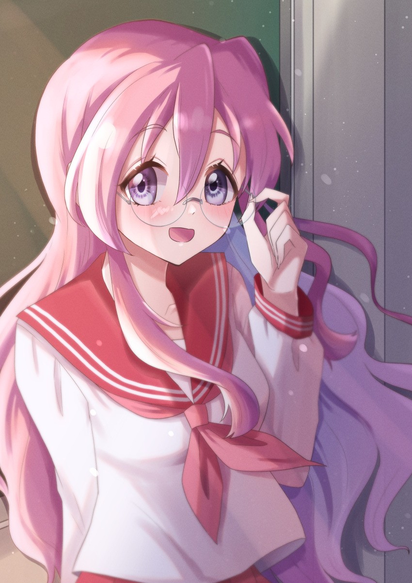 1girl, :d, absurdres, adjusting_eyewear, blush, breasts, chalkboard, classroom
