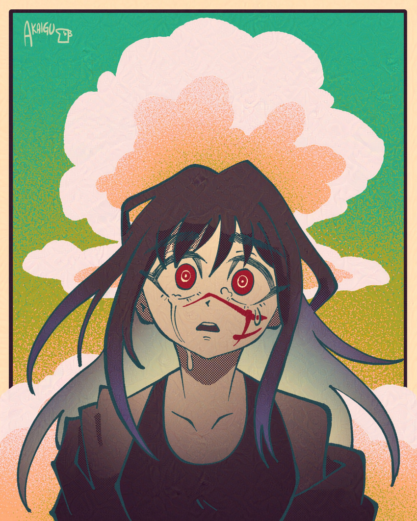 1girl, absurdres, akaiguarts, artist_name, black_hair, black_tank_top, chainsaw_man, crying