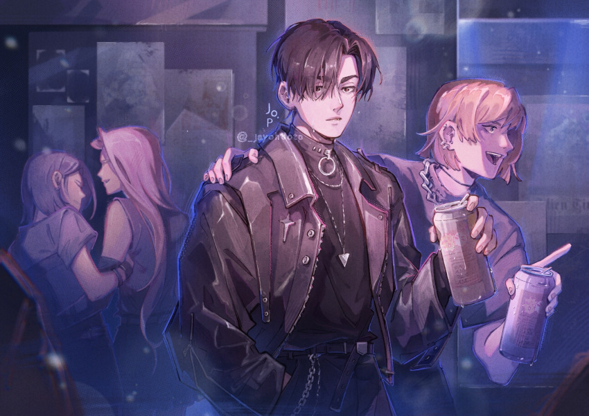 2boys, 2girls, alien_stage, artist_name, black_eyes, black_jacket, black_shirt, brown_hair