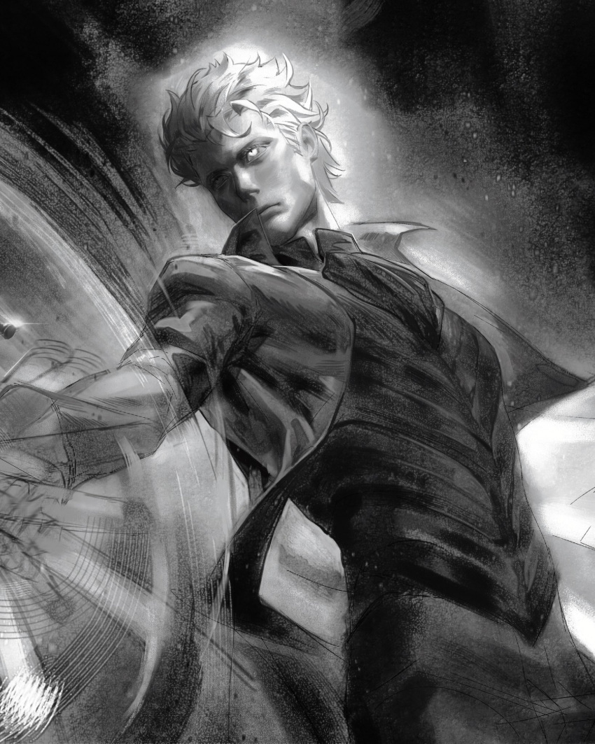 1boy, black_pants, blue_eyes, closed_mouth, coat, devil_may_cry_(series), devil_may_cry_3, highres