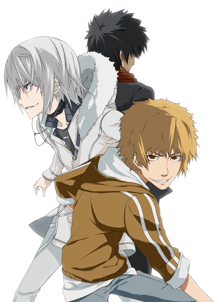 accelerator, albino, back-to-back, black_hair, blonde_hair, brown_eyes, choker, hamazura_shiage