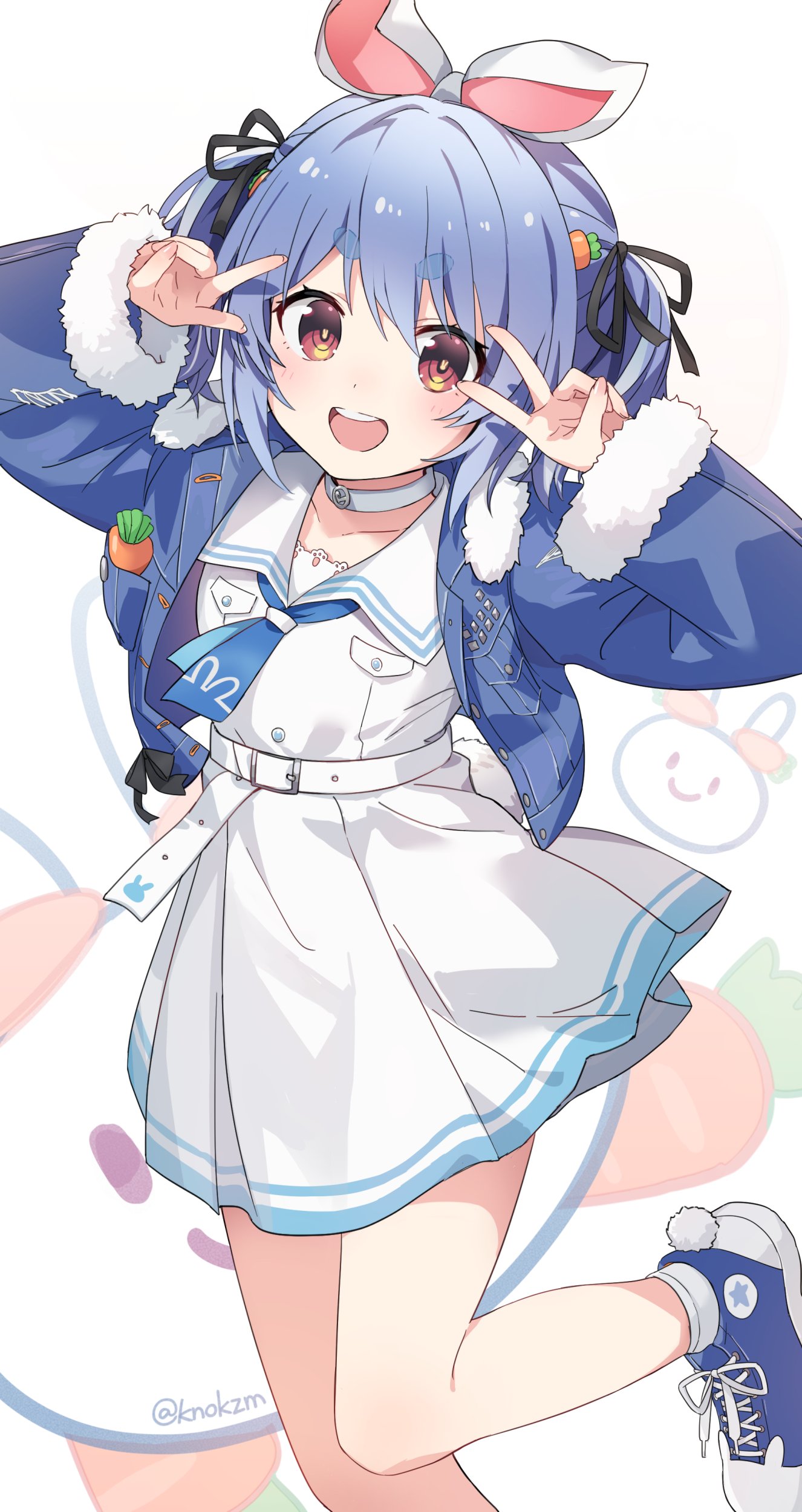 1girl, :d, absurdres, animal_ears, black_ribbon, blue_hair, blue_jacket, blue_necktie