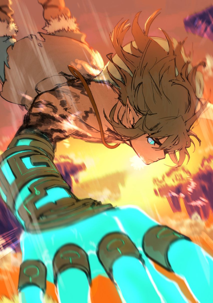 1boy, absurdres, blonde_hair, blue_eyes, blurry, blurry_background, falling, floating_island, foreshortening, glowing, glowing_arm, glowing_eye, highres, island, link, long_hair, male_focus, naokuren, pointy_ears, sky, solo, the_legend_of_zelda, the_legend_of_zelda:_tears_of_the_kingdom, toga