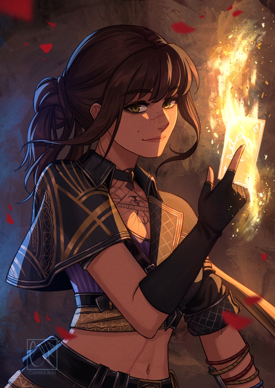 1girl, artist_name, black_gloves, brown_eyes, brown_hair, caminukai, card, clair_obscur:_expedition_33