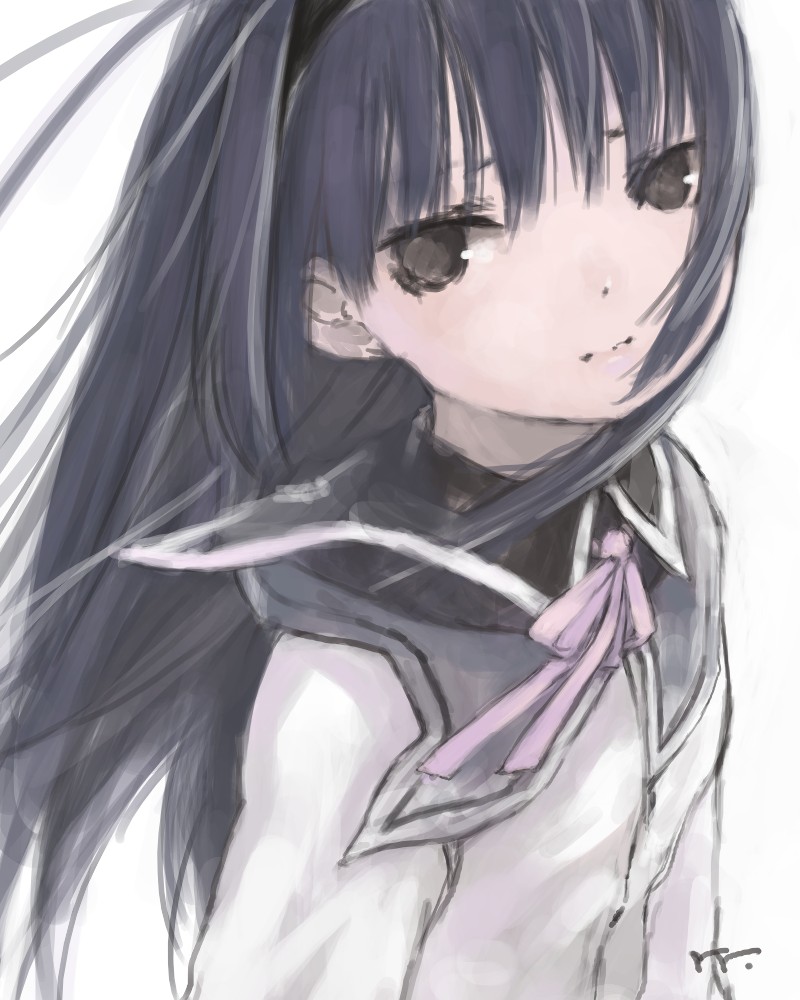 akemi_homura, black_eyes, black_hair, face, faux_traditional_media, long_hair, magical_girl, mahou_shoujo_madoka_magica