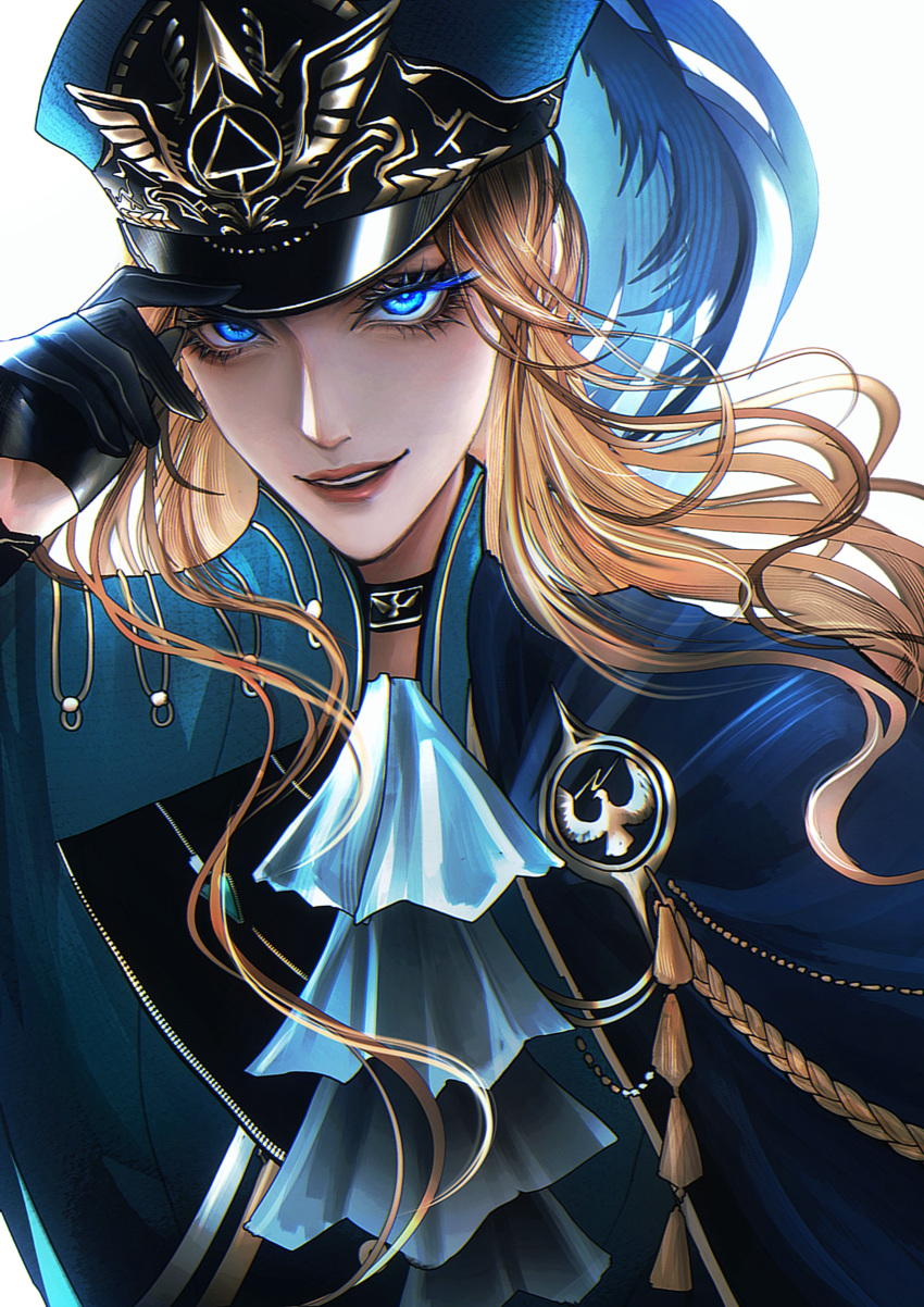 1girl, absurdres, adjusting_clothes, adjusting_headwear, aegyo_sal, ascot, augustus_(path_to_nowhere), black_gloves
