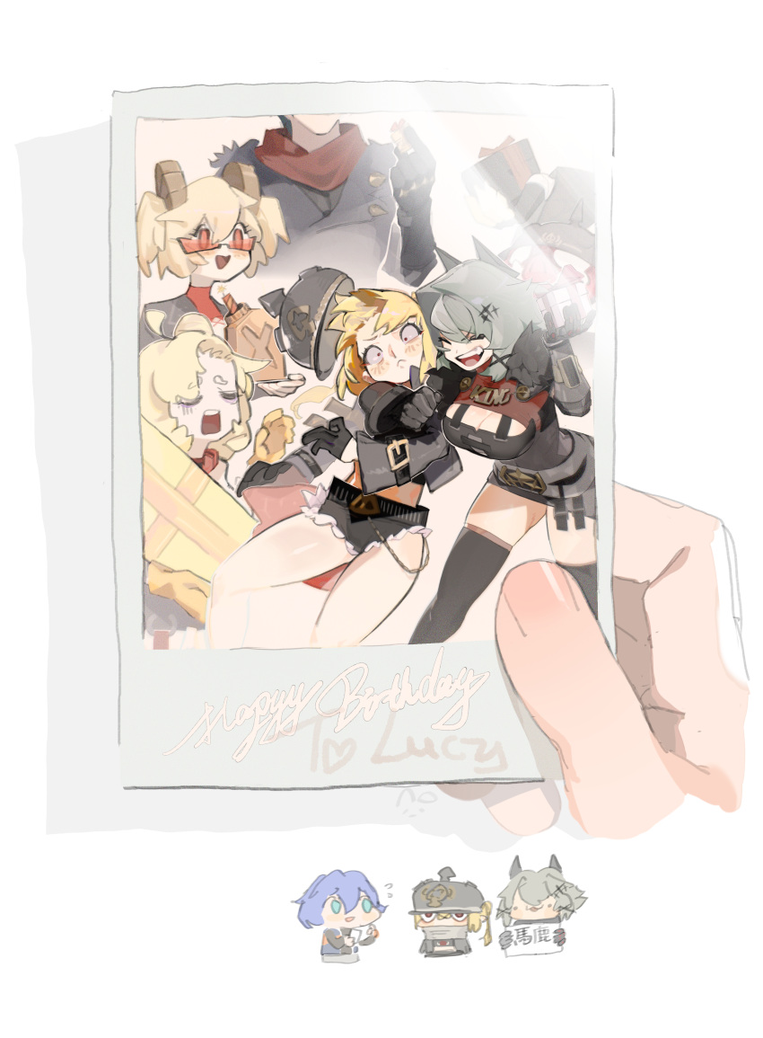 1boy, 5girls, absurdres, black_gloves, black_jacket, black_shorts, black_skirt, black_thighhighs