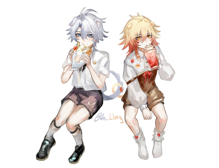 2boys, aged_down, an_llong, animal_ears, ankle_socks, antenna_hair, black_shoes, black_shorts, blonde_hair, blue_eyes, braid, cup, dog_boy, dog_ears, dog_tail, facial_tattoo, food, gradient_hair, hair_between_eyes, hashtag-only_commentary, highres, holding, holding_cup, holding_food, honkai:_star_rail, honkai_(series), lion_boy, lion_ears, lion_tail, male_focus, medium_hair, multicolored_hair, multiple_boys, mydei_(honkai:_star_rail), parted_bangs, phainon_(honkai:_star_rail), red_hair, red_tattoo, shirt, shoes, short_hair, shorts, side_braid, simple_background, sitting, socks, tail, tattoo, twitter_username, white_background, white_hair, white_shirt, white_socks, yellow_eyes
