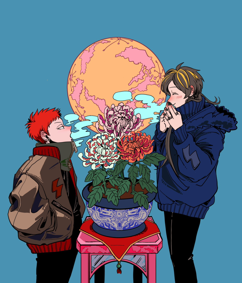 2boys, aimono_jyushi, black_hair, black_nails, black_pants, blonde_hair, blue_background, blue_jacket
