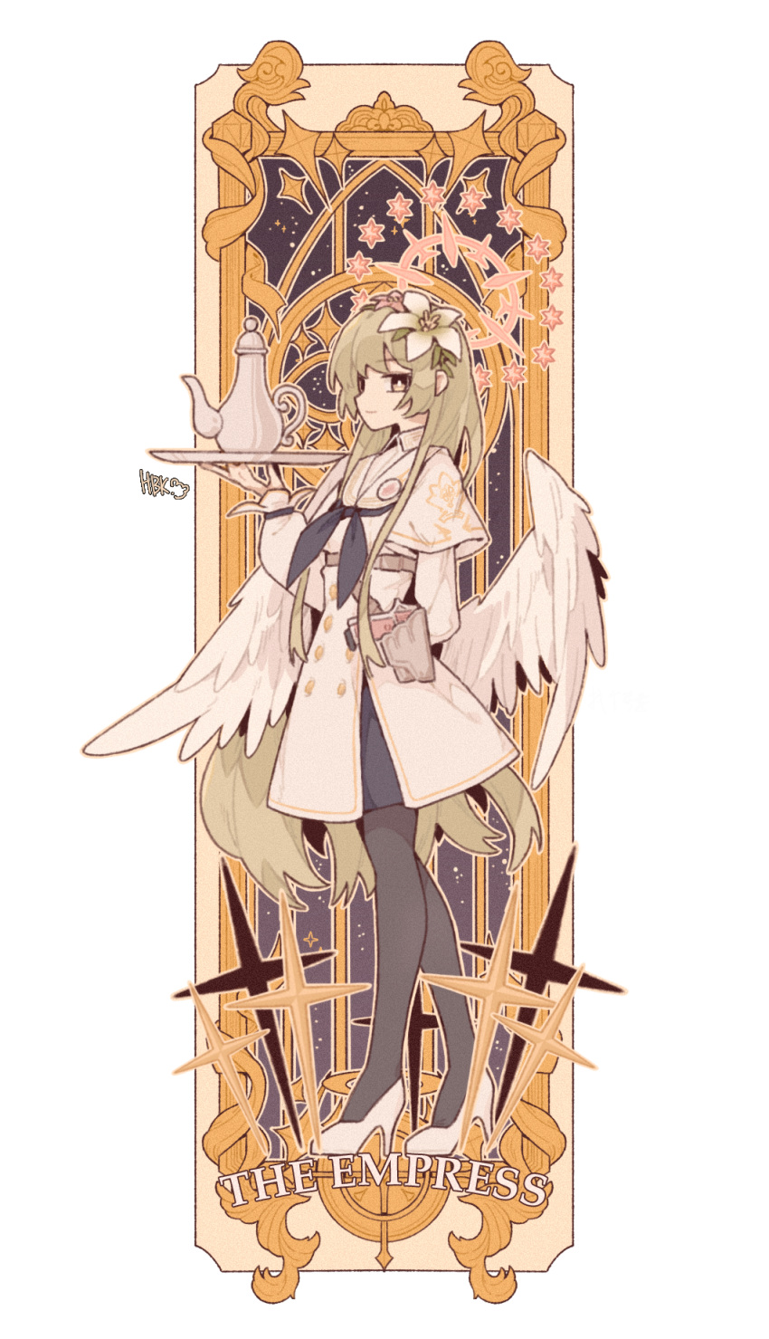 1701hbk, 1girl, angel_wings, arm_behind_back, black_neckerchief, black_pantyhose, blue_archive, brown_hair